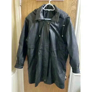 Vintage Real Leather Hooded Jacket Zip And Button Heavy Size M Pockets *Read*